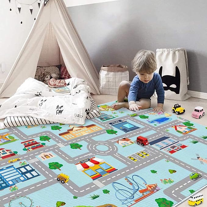 Kids Car Rug, 5' 3" x8' City Life Traffic Road Playmat for Toy Cars Trains, Non-Slip Race Track Carpet Educational Fun Area Rugs for Boy and Girl Bedroom Nursery - LeafyLoom