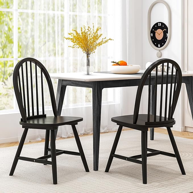 HAPPYGRILL 2 Pieces Wooden Dining Chairs Set, Vintage Armless Windsor Chairs, Kitchen Dining Chairs with Backrest, Black - LeafyLoom