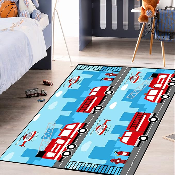 Car Rug Play Mat Car Rug Play Mat Car Rug for Boys Room Fire Fighting Truck Red Car Printed Rug Play Rug for Cars and Trucks Play Rugs for Kids Rooms,Light Blue 3'×5' - LeafyLoom