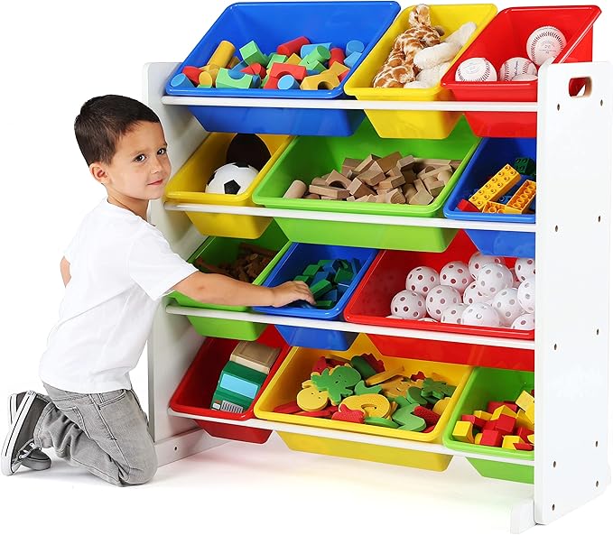 Humble Crew, White/Primary Kids' Toy Storage Organizer with 12 Plastic Bins - LeafyLoom