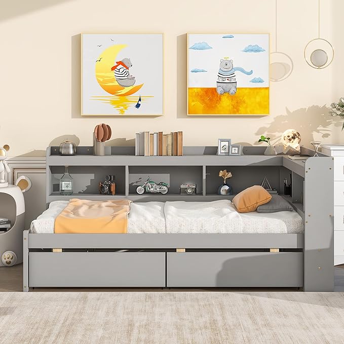 Twin Size Platform 2 Storage Drawers and L-Shaped Bookcases, Wooden Captain Bed Daybed Frame with Headboard for Bedroom, Living Room, Gray - LeafyLoom