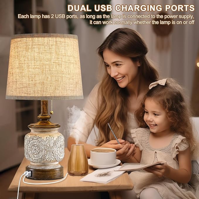 19.5" Farmhouse Bedside Table Lamps Set of 2 Rustic Lamps for Nightstand Bedroom with USB Ports Vintage Traditional White Carved Floral Night Light Lamps for Living Room End Tables Decor - LeafyLoom