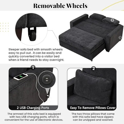 3 in 1 Multi-Functional Pull Out Sofa Bed , Velvet Upholstered Convertible Sleeper Loveseat Couch Guest Daybed with Adjustable Backrest and Dual USB Charging Port for Living Room Office RV Furniture - LeafyLoom