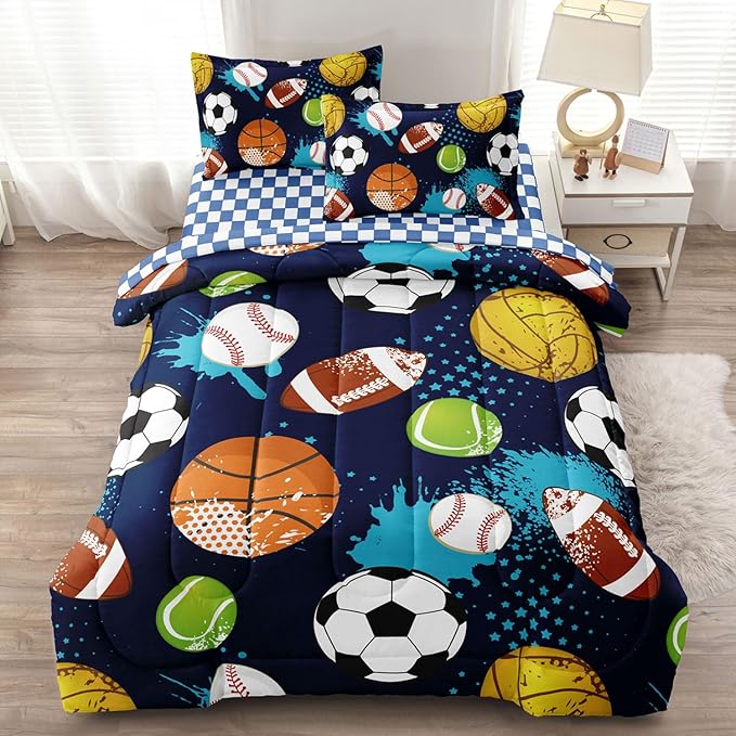 Kids Boys Comforter Set Full Bed in a Bag w/Sheet Sets, Blue Full Bedding Sets for Teens Soccer Basketball Baseball Football Sports Themed Bedroom Decor Reversible Design - LeafyLoom