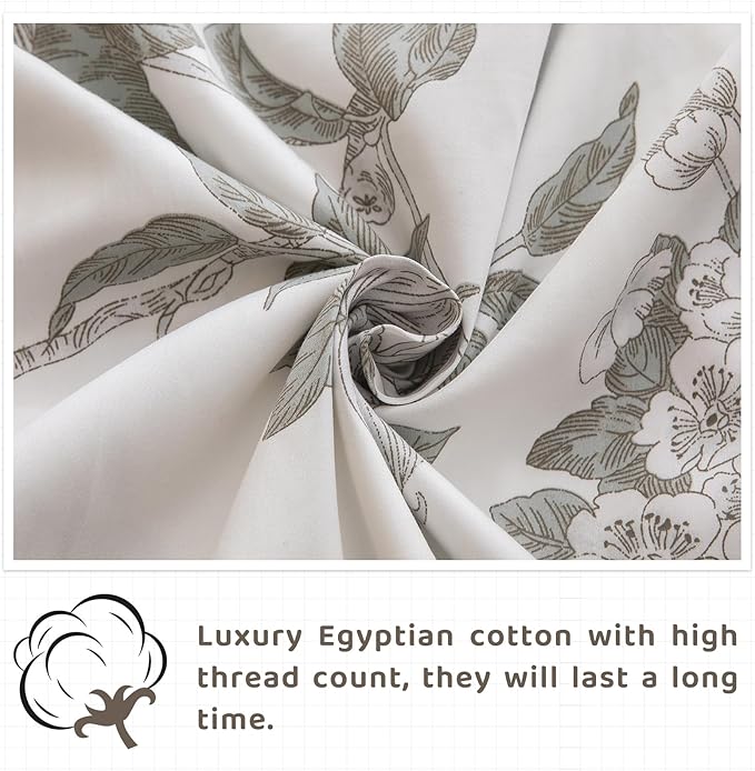 QSH Floral Egyptian Cotton Sheets Queen Size - Green Botanical Elegant Flower Pattern Printed Bedding Sheets Queen Size Bed Extra Soft and Breathable 4pcs Deep Pockets Bed Sheets - LeafyLoom