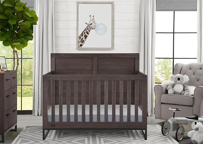 Simmons Kids Foundry 6-in-1 Convertible Baby Crib, Rustic Grey with Matte Black + Quiet Nights Breathable Crib Mattress with Removable/Machine Washable Cover (Bundle) - LeafyLoom