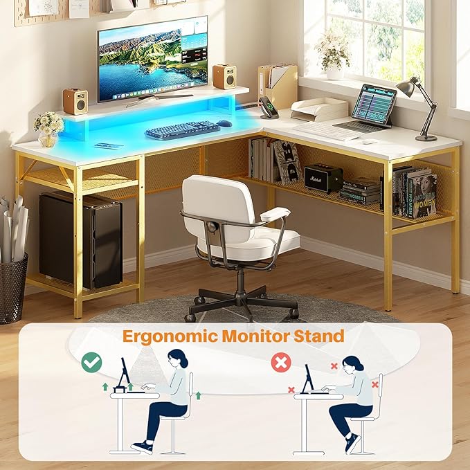 Reversible L Shaped Computer Desk with Power Outlet & Monitor Stand, 55 Inch Office Desk with RGB LED Light, Sturdy Corner Desk with Storage Shelf, Gaming Table, Easy to Assemble, White - LeafyLoom