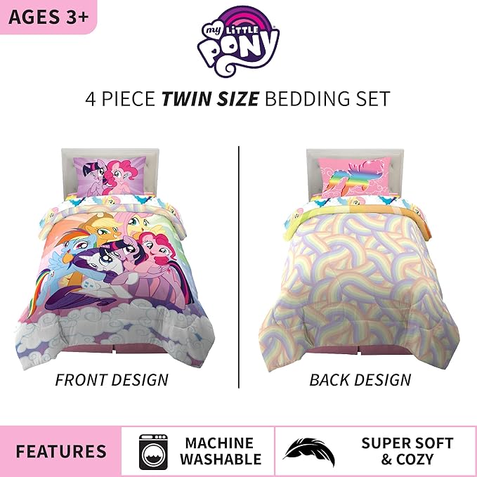 Franco Kids Bedding Super Soft Microfiber Comforter and Sheet Set, 4 Piece Twin Size, My Little Pony - LeafyLoom