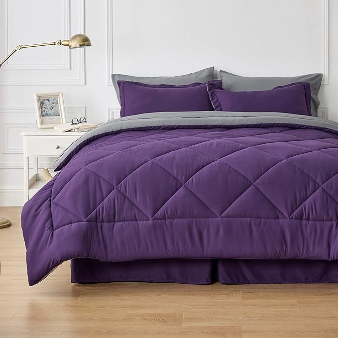 Bedsure Purple King Comforter Set - 7 Pieces Reversible Bed Set Bed in a Bag King with Comforters, Sheets, Pillowcases & Shams, King Bedding Sets - LeafyLoom