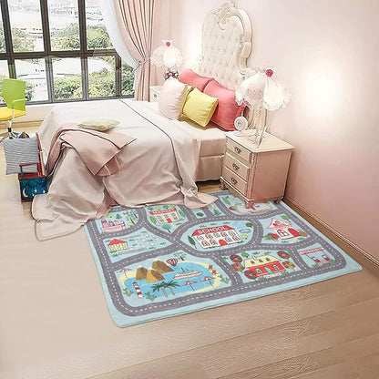 Non-slip Kids Playmat Rug for Playroom, 3'x 5' Blue Washable Children's Educational Rugs, Learning & Have Fun Safely City Life Road Traffic Play Mat Carpet for Baby Room Bedroom - LeafyLoom