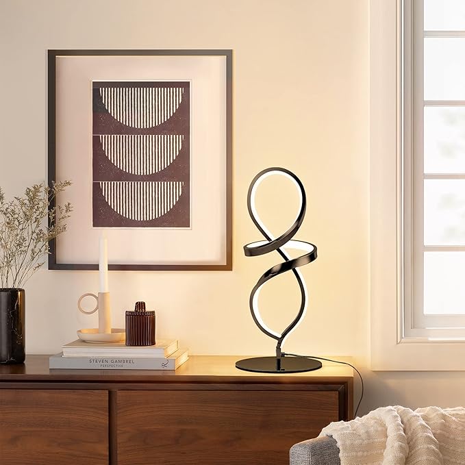 Modern Table Lamp, LED Spiral Lamp, Black Bedside Lamp with Stepless Dimming Switch, Contemporary Nightstand Lamp, LED Lamp for Bedroom Living Room Home Office, 12W, 3200K Warm White - LeafyLoom