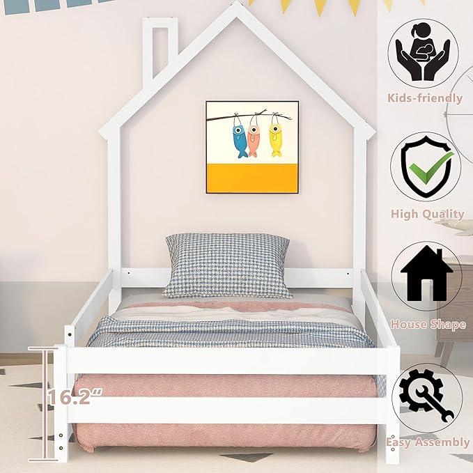 Bellemave Twin Size House-Shaped Headboard Floor Bed with Fences, Wooden Montessori Bed for Kids,House Bed Twin Frame for Girls,Boys (White) - LeafyLoom