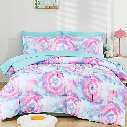 Mooreeke Tie Dye Kids Comforter Bed Set Twin Size for Girls, 6 Pieces Bed in a Bag with Shams, Sheet Set, A Toy Pillow Dark Pink Round Flower Twin Soft Microfiber Kids Comforter Bedding Set - LeafyLoom