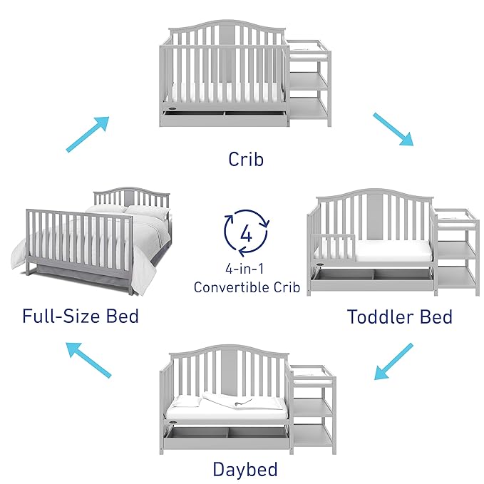 Graco Solano 4-in-1 Convertible Crib and Changer with Drawer (Pebble Gray) – Crib and Changing Table Combo with Drawer, Includes Changing Pad, Converts to Toddler Bed, Daybed and Full-Size Bed - LeafyLoom