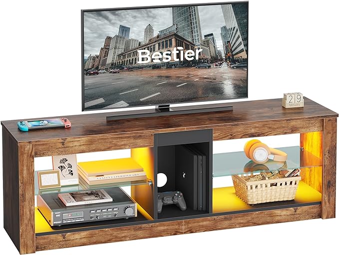 Bestier Entertainment Center Gaming TV Stand for 55 Inch+ TV LED Television Stand with 2 Adjustable Glass Shelves PS Game Console Cabinet for Living Room, Rustic Brown - LeafyLoom