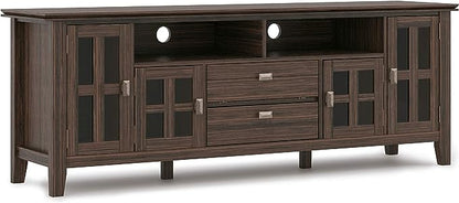 SIMPLIHOME Artisan SOLID WOOD Universal TV Media Stand, 72 inch Wide, Transitional, Living Room Entertainment Center, Storage Cabinet, for Flat Screen TVs up to 80 inches in Farmhouse Brown - LeafyLoom