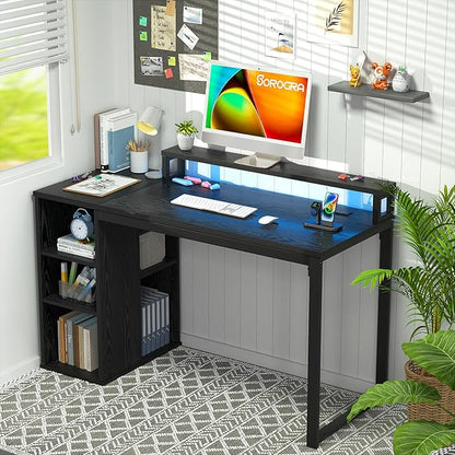 Small Computer Desk with LED Lights 39.4 inch Gaming Desk with Power Outlets and Storage Shelves, Home Office Desk with Monitor Stand for Bedroom, Workstation, Black - LeafyLoom