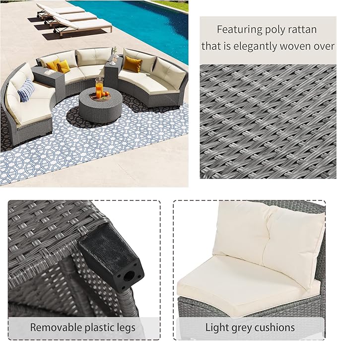 9 Pieces Outdoor Furniture Half Moon Wicker Patio Sets with Coffee Table, All-Weather Fan-Shaped Curved Sectional Sofa Couch with Beige Cushions, Onesize, Gray Rattan - LeafyLoom