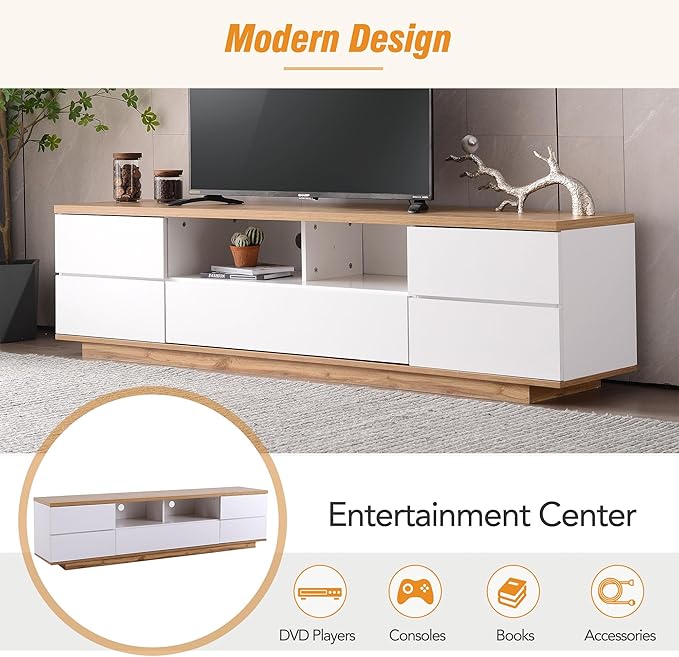 Modern 80' Stand Media Console-Versatile Storage, Door Rebound Device, for Living Room, Bedroom-Fits Inch, Support 80" TV, White-2 - LeafyLoom