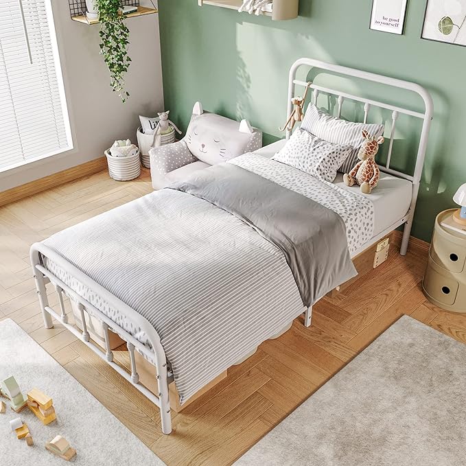 Vintage Twin Size Bed Frame with Headboard and Footboard Mattress Heavy Duty Metal Platform Bed Frame Steel Slat Support (Twin, White) - LeafyLoom