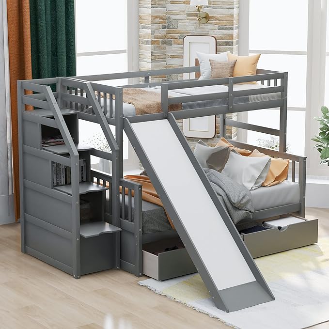 Multifunction Twin Over Full Bunk Bed with Storage Staircase/Two Drawers/Slide/High Guardrail, Solid Wood Bunkbed Furniture for Kids/Teens Bedroom, No Box Spring Needed, Gray - LeafyLoom