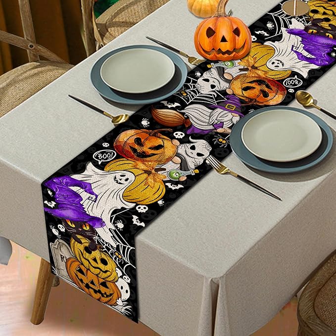 Halloween Table Runner 108 Inches Long Pumpkin Black Cat Halloween Table Runners Happy Halloween Boo Ghost Theme Decor for Kitchen Dining Table Home Party Decorations Unibyby