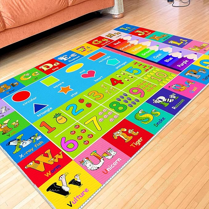 Kids Alphabet Play Game Rug - 3' x 5' ABC Numbers and Shapes Educational Learning Toddler Carpet - Kids Room Playroom Classroom Kindergarten Activity Fun Soft Non-Slip Mat - LeafyLoom