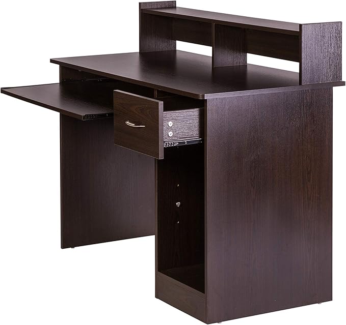 OneSpace Essential Computer Desk, Hutch with Pull-Out Keyboard, Espresso - LeafyLoom