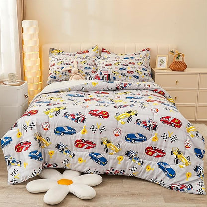 Mooreeke Full Size Comforter Sets for Boys Kids, 8 Pieces Bed in a Bag Racing Car Bedding Comforter Sheet Set with Shams and Decorative Toy Pillow, Ultral Soft Microfiber Kids Bed Set - LeafyLoom