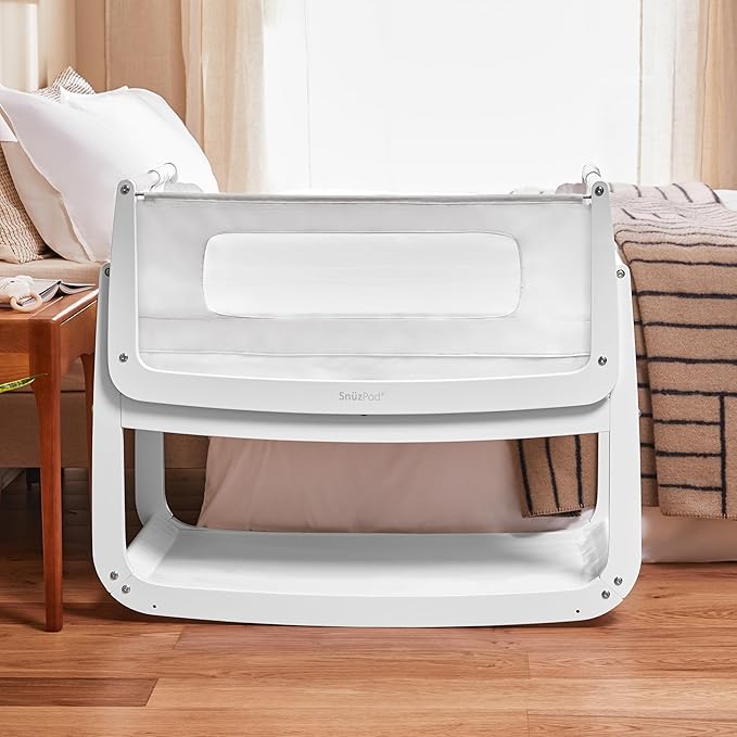 SnuzPod4, Bassinet Bedside Sleeper - Comfortable Baby Crib and Bed, 3D Breathable Mattress, Fits Bed with Adjustable Max. Height of 28.5”, Machine Washable Mesh Liner (White) - LeafyLoom