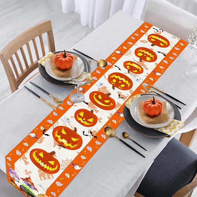 Halloween Table Runner, Halloween Table Runner 108 Inches Long, Halloween Gnomes Pumpkins Runners for Table, Black Cat Trick or Treat Decor Extra Long Burlap Runner Rug for Decorations Dining Room Unibyby