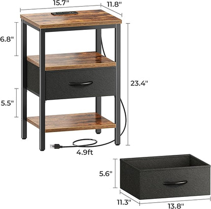 SUPERJARE Nightstand Set of 2, Bed Side Tables with Charging Station, Adjustable Fabric Drawer, Night Stand for Bedroom, 3-Tier Storage End Tables, for Living Room, Rustic Brown and Black - LeafyLoom