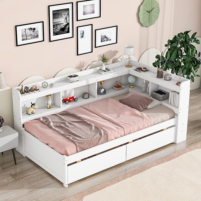 Twin Size Platform 2 Storage Drawers and L-Shaped Bookcases, Wooden Captain Bed Daybed Frame with Headboard for Bedroom, Living Room, White - LeafyLoom