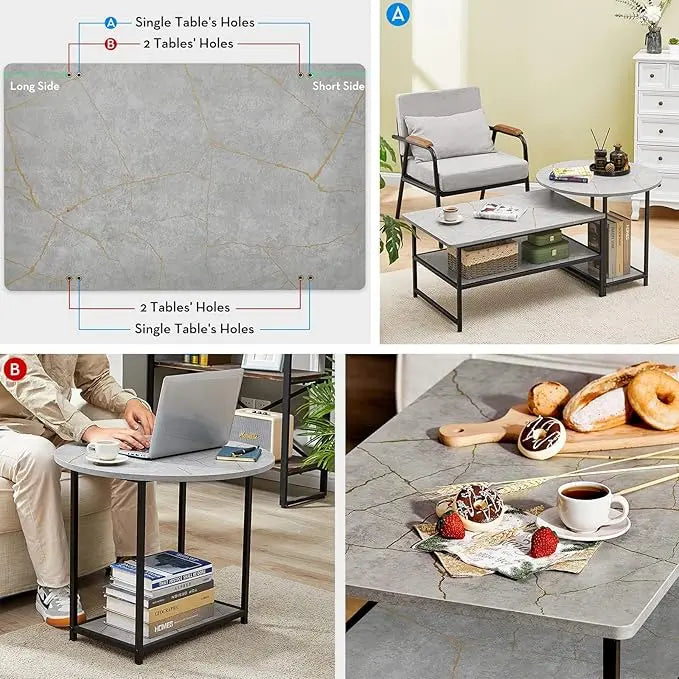 WOHOMO Coffee Table, Modern Style Coffee Tables for Living Room Marble Center Table with Storage 2 in 1Detachable Table Set,Grey Marble - LeafyLoom