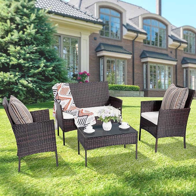 Patio Furniture Set,4 Piece Garden Conversation Set, Outdoor Wicker Rattan Table and Chairs, Black Patio Set, Sectional Sofa with Thick Cushion for Garden, Yard, or Porch (Brown/Beige) - LeafyLoom