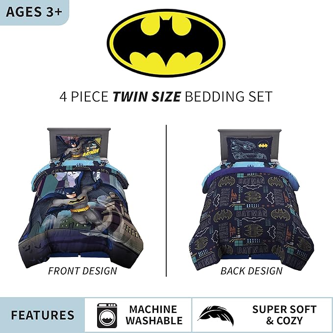 Franco Kids Bedding Super Soft Comforter and Sheet Set, 4 Piece Twin Size, Batman - LeafyLoom