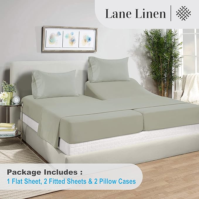 LANE LINEN Split King Sheets for Adjustable Beds - 1000 Thread Count 5 Piece Set 100% Egyptian Cotton Sateen Weave Cool Breathable & Soft 2 Fitted Fits Upto 17" Deep Pockets Mineral - LeafyLoom