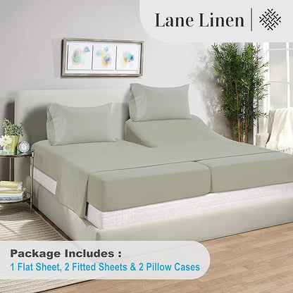 LANE LINEN Split King Sheets for Adjustable Beds - 1000 Thread Count 5 Piece Set 100% Egyptian Cotton Sateen Weave Cool Breathable & Soft 2 Fitted Fits Upto 17" Deep Pockets Mineral - LeafyLoom