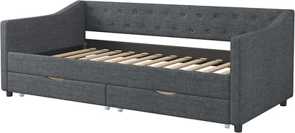 Twin Size Daybed with 2 Drawers, Upholstered Tufted Sofa Bed with Button on Back and Piping on Waved Shape Arms for Bedroom, Apartment, Living Room, Wooden Slats Support, Dark Grey - LeafyLoom