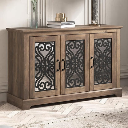 Galano Calidia 3 Door Sideboard, Kitchen Storage Sideboard Buffet Cabinet Console with Acrylic Mirror Doors & Adjustable Shelves, 15.67" D x 45.71" W x 29.29" H, Knotty Oak - LeafyLoom