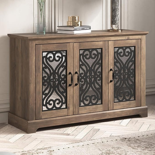 Galano Calidia 3 Door Sideboard, Kitchen Storage Sideboard Buffet Cabinet Console with Acrylic Mirror Doors & Adjustable Shelves, 15.67" D x 45.71" W x 29.29" H, Knotty Oak - LeafyLoom