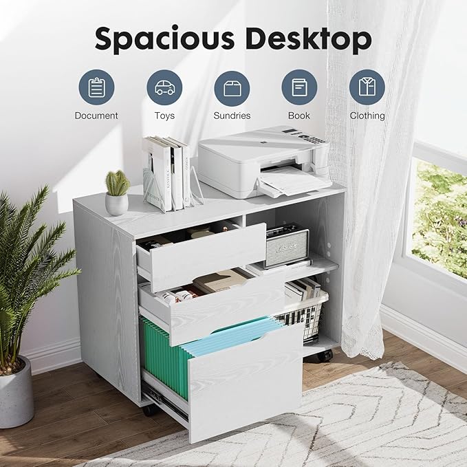 DUMOS Lateral File Cabinet with 3 Drawers Rolling Wooden Printer Stand Under Desk Storage Organizer with 4 Wheels Adjustable Shelf for Office Home, White - LeafyLoom