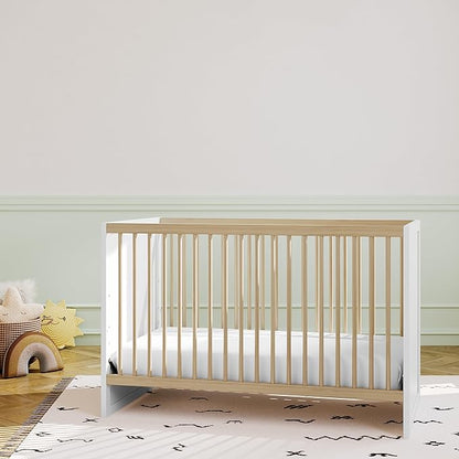 Storkcraft Calabasas 3-in-1 Convertible Crib (White with Driftwood) – GREENGUARD Gold Certified, Fits Standard Crib Mattress, Converts to Toddler Bed, Modern Style, Easy 30-Minute Assembly - LeafyLoom