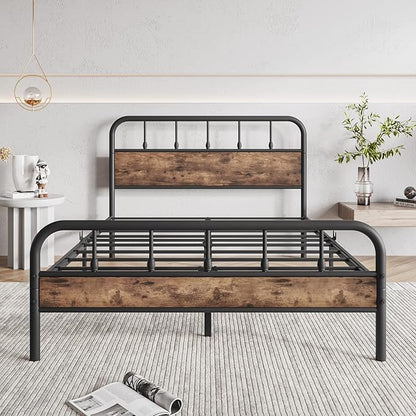 Full Size Metal Bed Frame with Rustic Vintage Wood Headboard and Footboard,Strong Metal Slats Support,No Box Spring Needed,Black - LeafyLoom