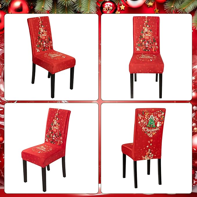 6PCS Christmas Dining Chair Covers, Stretch Removable Washable Dining Room Chair Protector Slipcovers, Xmas Tree Heart Kitchen Chair Cover, Slipcover Protector for Xmas Holiday Party Home Décor CZL