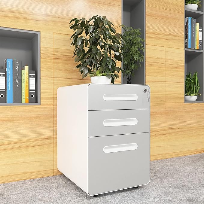 YITAHOME 3-Drawer Metal Mobile File Cabinet, Rolling Filing Cabinet with Lock, Filing Cabinet Under Desk fits Legal/A4 Size for Home/Office, Fully Assembled,White and Grey - LeafyLoom