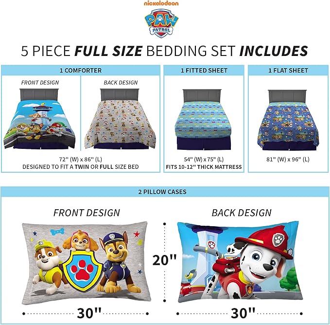 Franco Paw Patrol Kids Bedding Super Soft Comforter And Sheet Set, 5 Piece Full Size, (Official) Nickelodeon, 39 x 75 Inch - LeafyLoom