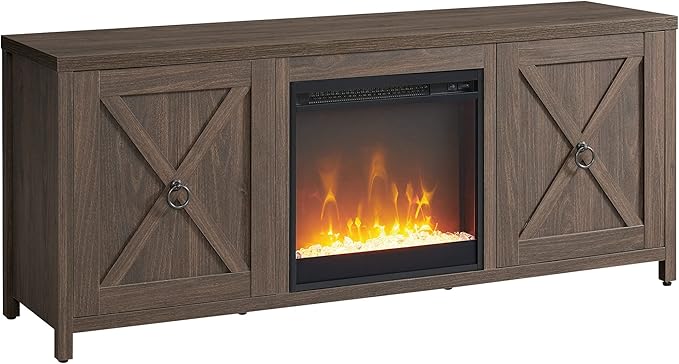 Henn&Hart Rectangular TV Stand with Crystal Fireplace for TV's up to 65" in Alder Brown, Electric Fireplace TV Stands for the Living Room - LeafyLoom