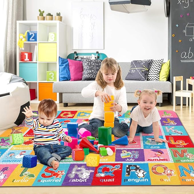 IMIKEYA Play Rugs Playroom Mat with Colorful Pattern, Playtime Collection ABC Alphabet, Seasons, Months, Fruit and Shapes Playmat Educational Rug for Kids Playroom Bedroom, 55 x 43.3 Inch - LeafyLoom