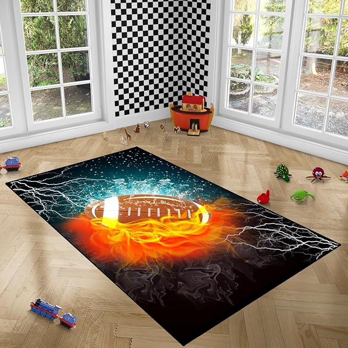 Football Rug Football Decor for Boys Bedroom Football Rug Water and Fire Cool Room Decoration Soccer Rug for Boys Room Football Printed Rug for Kids Room Playmat Rugs for Kid Room Living Room,4'5''×6' - LeafyLoom